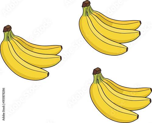 Fresh Yellow Banana Bunch Set Isolated on White Background Healthy Tropical Fruit Vector Illustration
