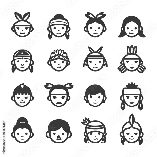 A Set of 16 Diverse Native American Icons with Different Hairstyles and Headwear