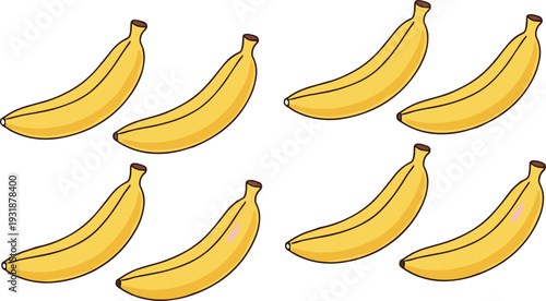 Fresh Yellow Banana Set Isolated on White Background Tropical Fruit Vector Illustration Collection