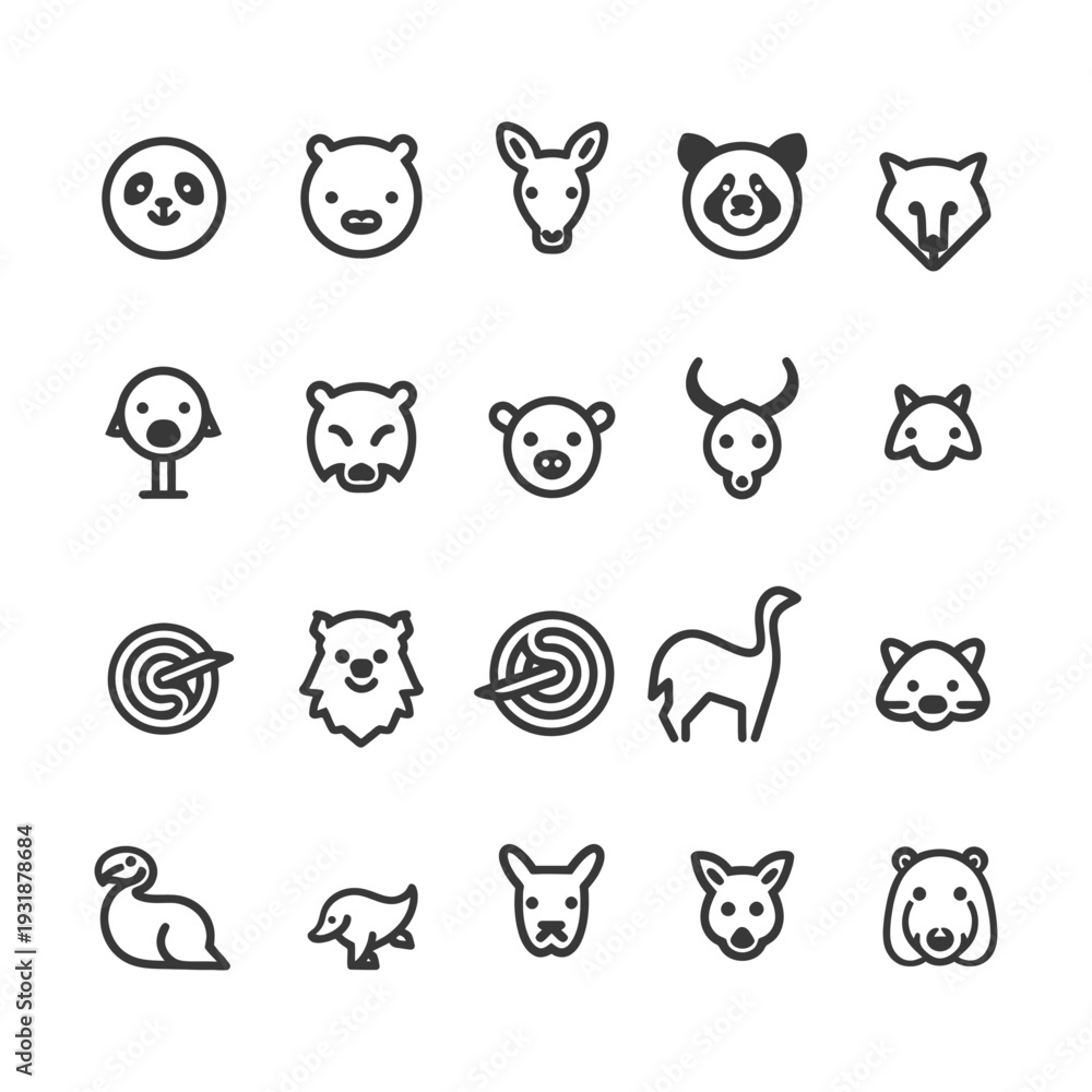 Fototapeta premium A Set of 20 Cartoon Animal Icons in Black and White