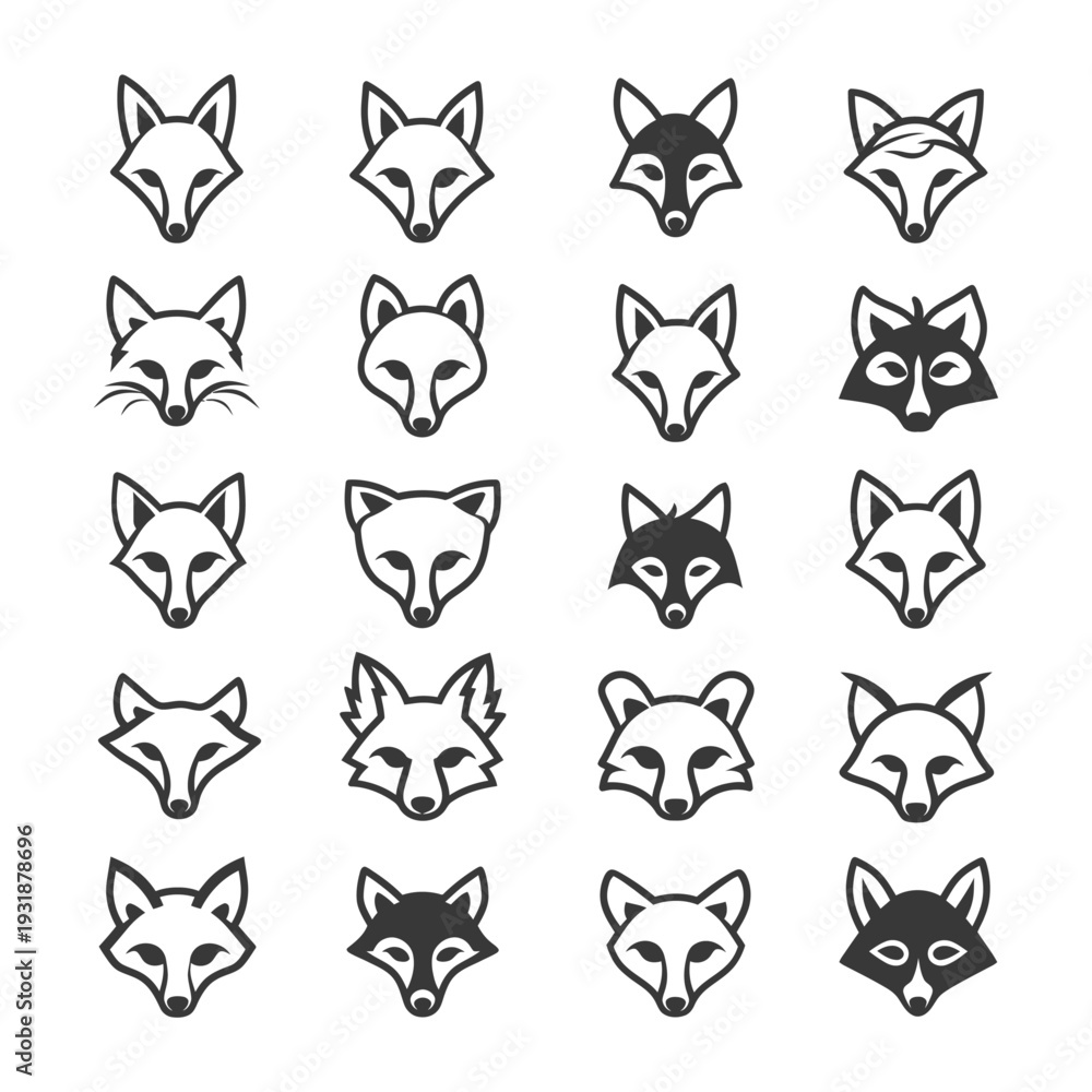 Fototapeta premium A Set of 20 Fox Head Icons in Black and White Outline Styles