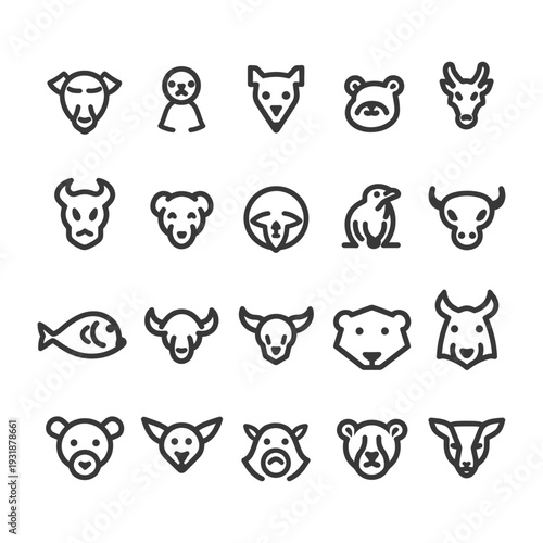 A Set of 20 Black and White Animal Head Line Icons