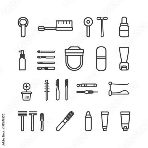 A Set of 20 Black and White Dental Care and Oral Hygiene Line Icons