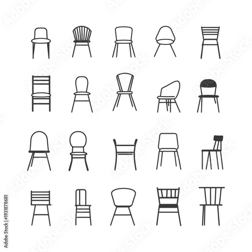 A Set of 20 Black and White Line Drawings of Chairs