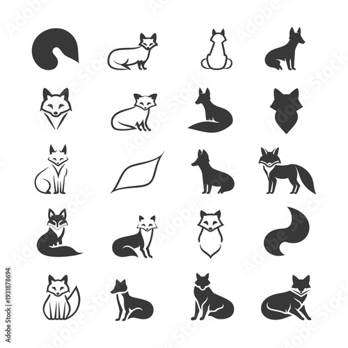 A Set of 20 Fox Silhouettes in Different Poses