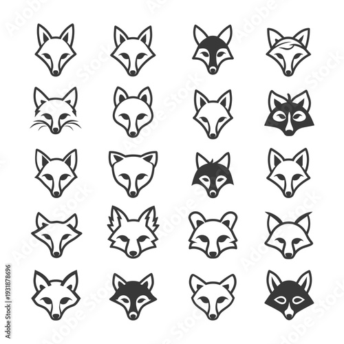 A Set of 20 Fox Head Icons in Black and White Outline Styles