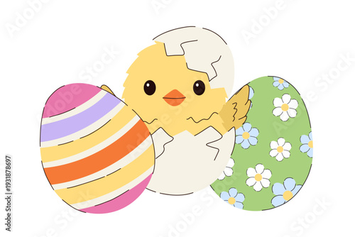 Easter chick hatching from egg with decorated Easter eggs, cute baby chicken cartoon isolated on white background. Adorable yellow chick with cracked eggshell surrounded by colorful striped.