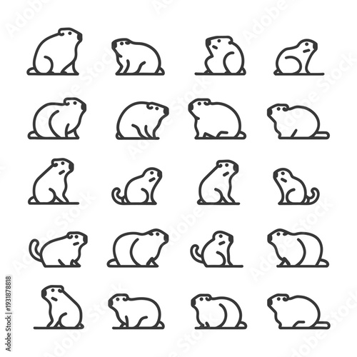 A Set of 20 Line Drawings of Groundhogs in Various Poses