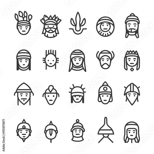 A Set of 20 Line Icons Depicting Various Headwear and Facial Features