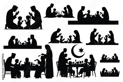 Muslim family silhouettes praying eating prayer