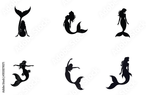 Mermaid Silhouette Set Elegant Mythical Creatures Vector Illustration