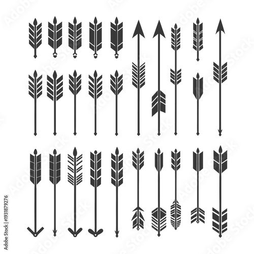 A Set of 24 Arrow Icons with Various Point Styles and Fletching