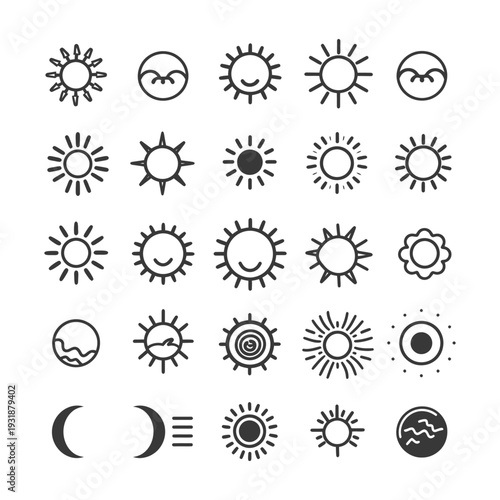 A Set of 25 Sun and Moon Icons in Black and White