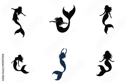 Mermaid Silhouette Set Elegant Mythical Sea Creature Vector Illustration