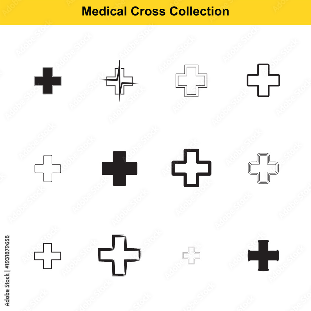 Obraz premium Medical cross symbols represent health and care services in various graphic styles.