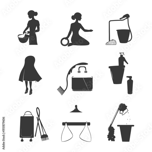 A set of black and white cleaning icons, featuring a woman cleaning, buckets, brushes, and a vacuum cleaner