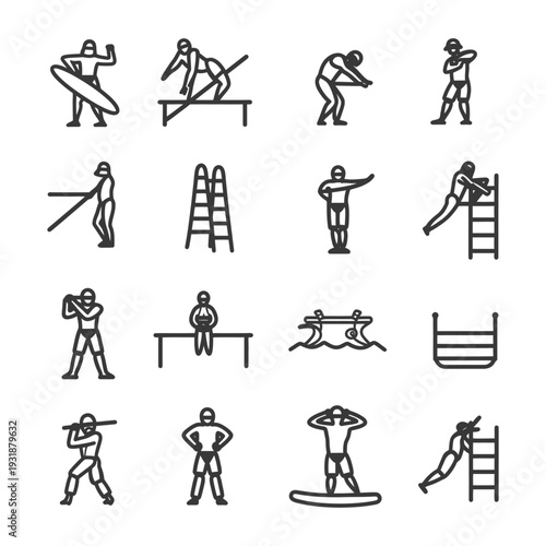 A Set of Black and White Icons Depicting Various Water Sports and Swimming Activities