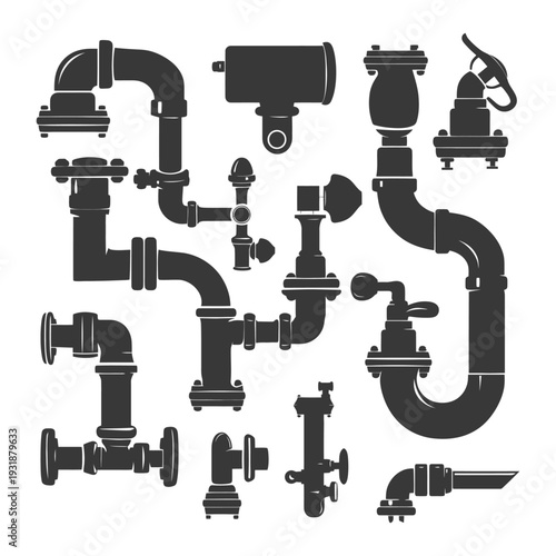 A Set of Black and White Illustrations Depicting Various Pipes and Valves