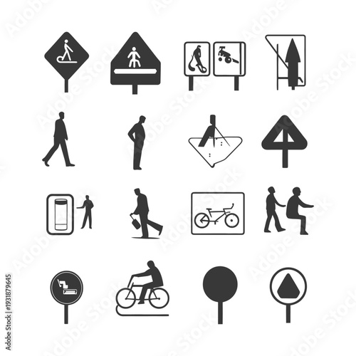 A Set of Black and White Icons Representing Pedestrian and Bicycle Traffic Signs