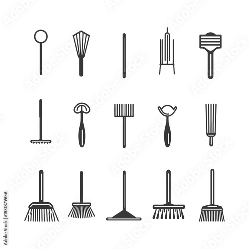 A Set of Black and White Line Drawings Depicting Various Types of Brooms and Garden Tools