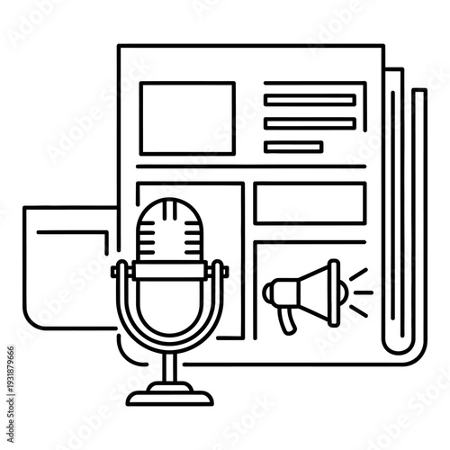 Media and News Icon Vector Illustration Line Art Microphone with Newspaper for Journalism Design