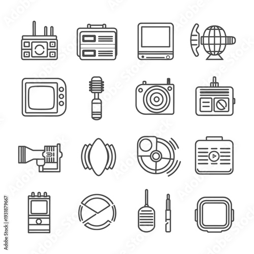 A Set of Black and White Line Drawings of Retro Media Devices