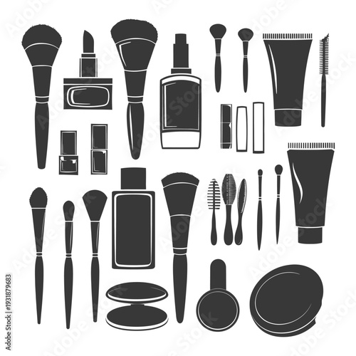 A Set of Black and White Makeup Brushes, Bottles, and Tubes