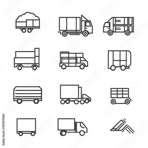 A Set of Black and White Outline Icons of Trucks and Trailers