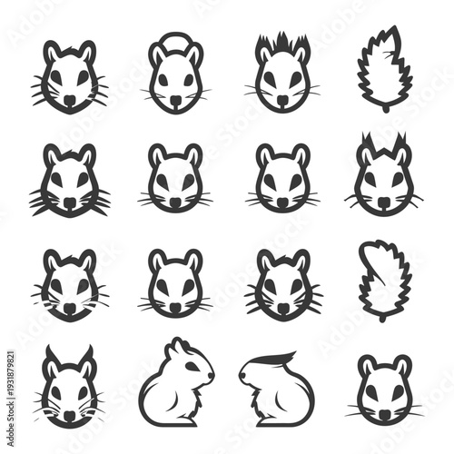 A Set of Black and White Squirrel and Leaf Icons