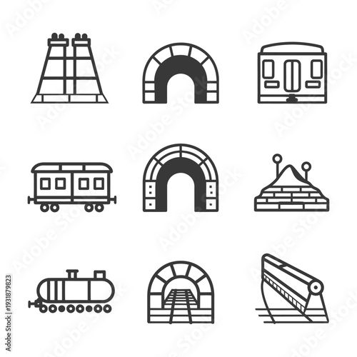 A Set of Black and White Train and Tunnel Icons