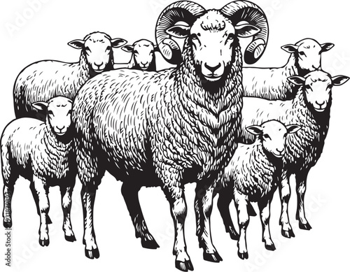 A flock of sheep with a prominent ram in the center of the illustration Vector, illustration