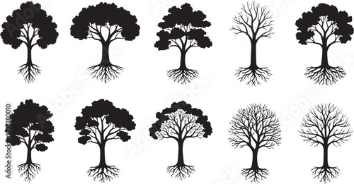 Set of tree silhouettes in various stages of growth and decay from lush to bare