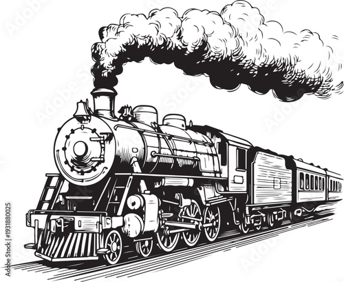 Classic steam locomotive traveling through an open countryside with billowing smoke. Vector, illustration