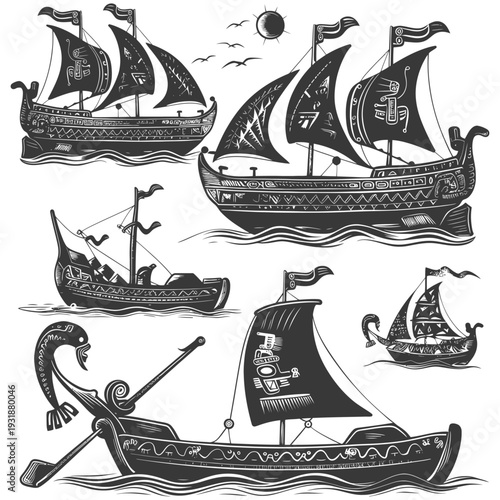 A Set of Four Ancient Sailing Ships with Intricate Designs