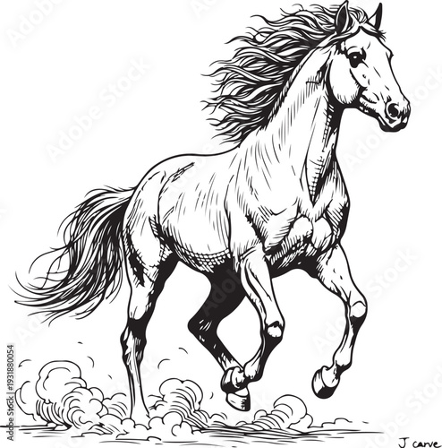 Graceful gallop of a wild horse through a misty landscape Vector, illustration