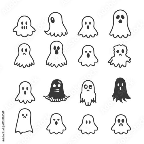 A Set of Fourteen Halloween Ghost Illustrations