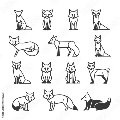 A Set of Geometric Fox Line Art Illustrations