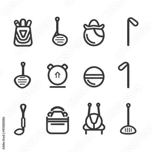 A Set of Golf Equipment Icons in Outline Style