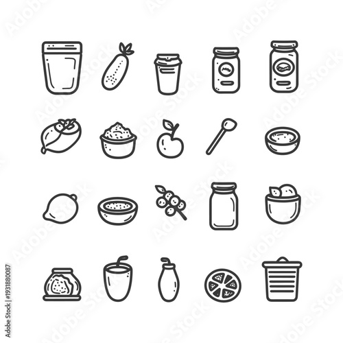 A Set of Hand-Drawn Black and White Icons of Food and Beverages