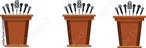 Press conference podium with multiple microphones vector illustration set isolated on light background for media and political announcements