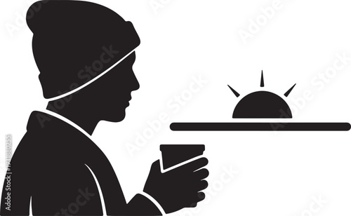 Cold Morning Silhouette Person Holding Hot Drink Watching Sunrise Vector Art