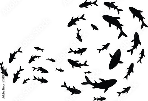 Shark school silhouette illustration, underwater ocean predator swarm concept, black marine wildlife vector design isolated on white background art