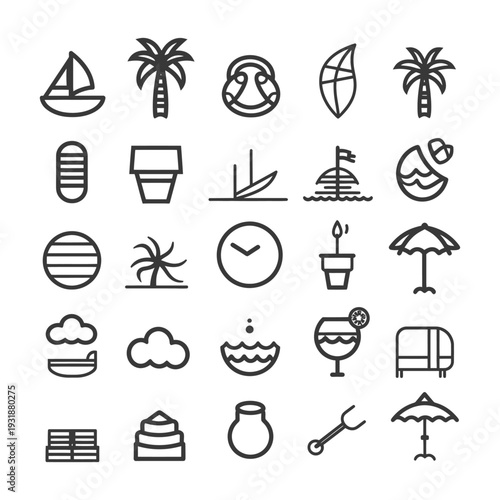 A Set of Line Drawings Depicting Summer Vacation Activities and Objects