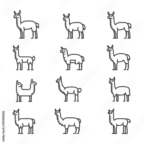 A Set of Line Drawings Depicting Llamas in Various Poses