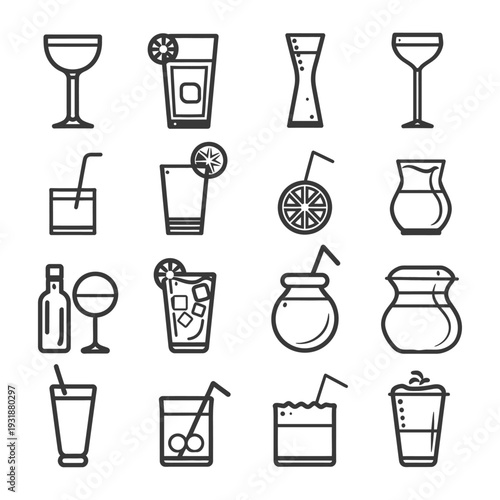 A Set of Line Drawings Depicting Various Drinkware and Beverages