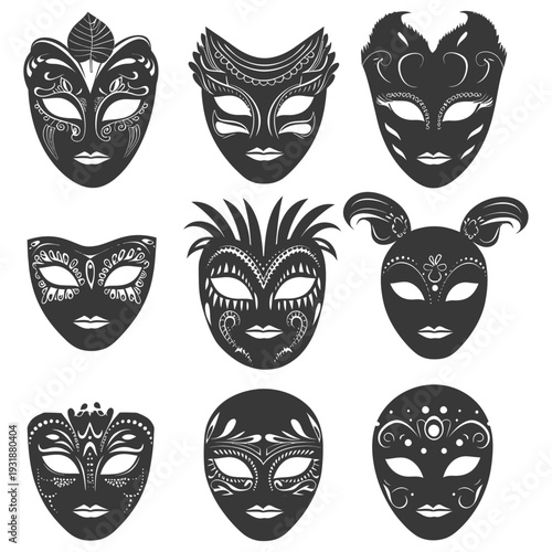 A Set of Nine Black and White Ornate Venetian Masks