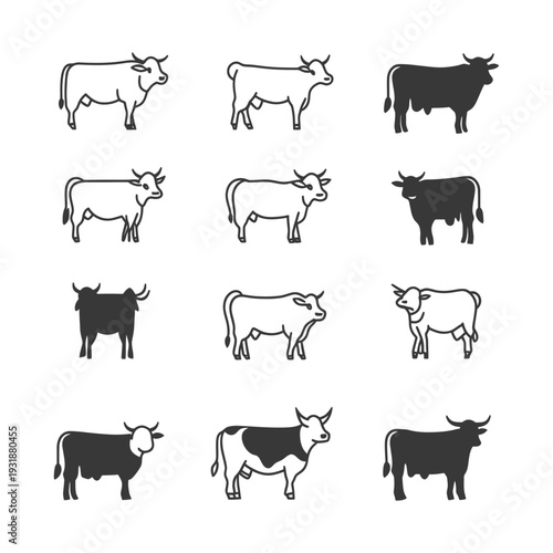 A Set of Nine Cow and Bull Line Art Illustrations