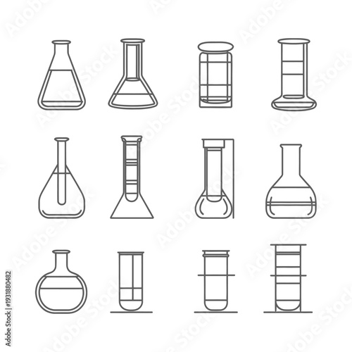 A set of nine different types of laboratory glassware, including beakers, flasks, and test tubes, depicted in outline form