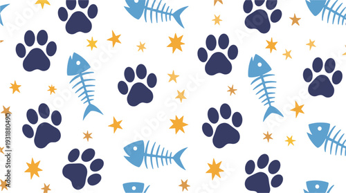 Seamless Cute Cat Paw Prints Fish Bones and Stars Pattern Background for Pet Lover Textile Design