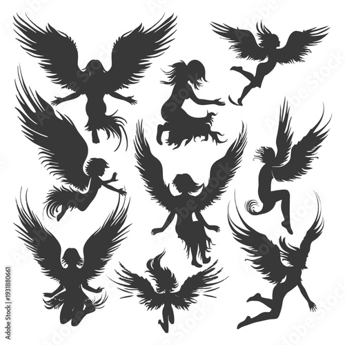 A Set of Nine Silhouettes of Female Angels with Wings Spread